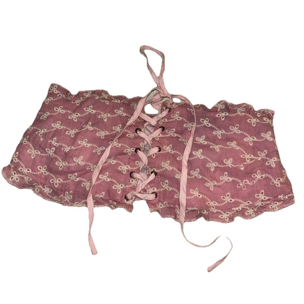 Shein XS Pink Floral Embroidered Lace Up Corset Top